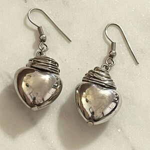 Vintage Sterling Silver Puffy Heart Wire Wrapped Dangle Earrings